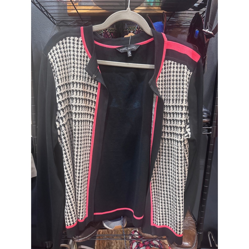 Ming Wang XL Black White Houndstooth Knit Cardigan Sweater Pink Trim